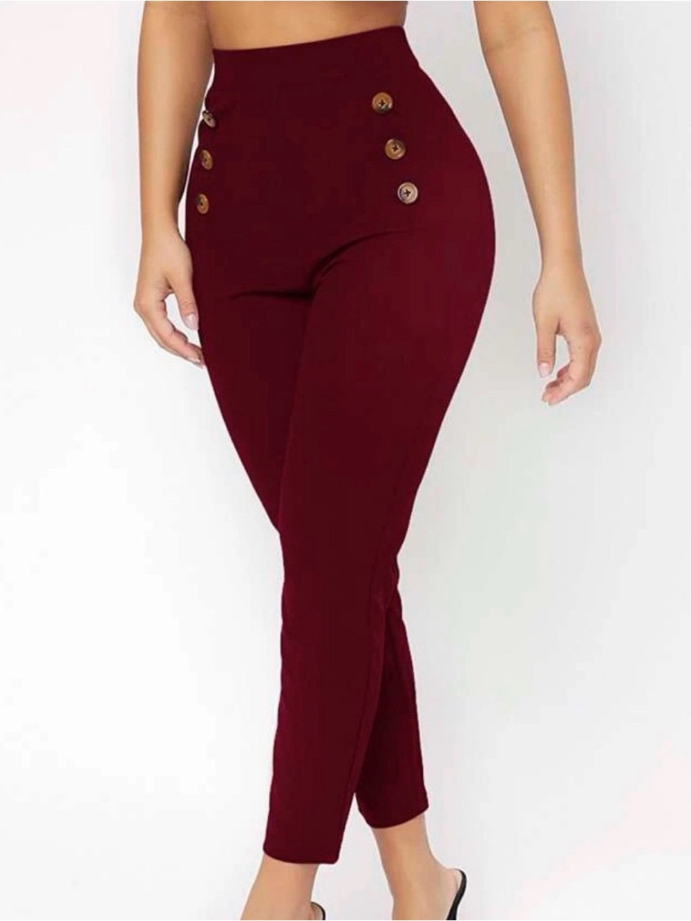 SHEIN Petite Red High Waist Skinny Cropped Pants w/ Button Detail